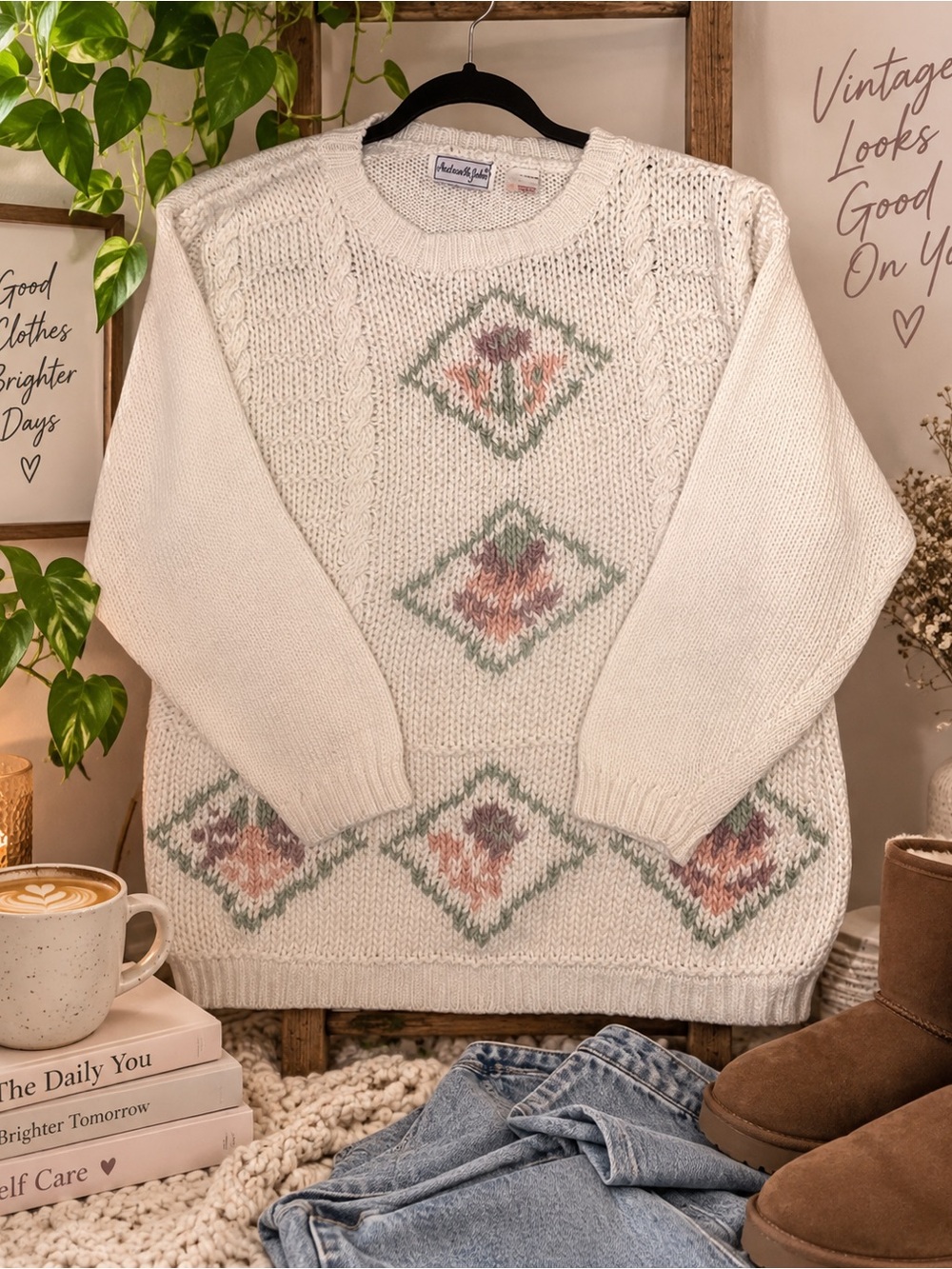 Vintage 80s/90s Floral Knit Sweater Cottagecore Grandmacore M